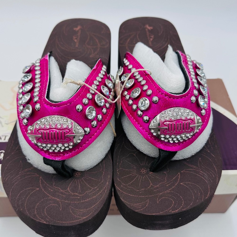 Montana West Flip Flops Womens 9 Pink Brown Rhinestone Football Wedge NEW
